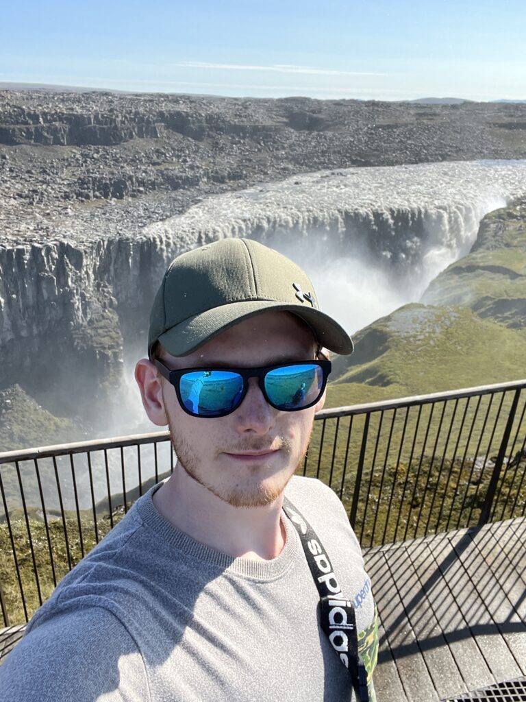 Selfie next to the godafoss Waterfall in Iceland